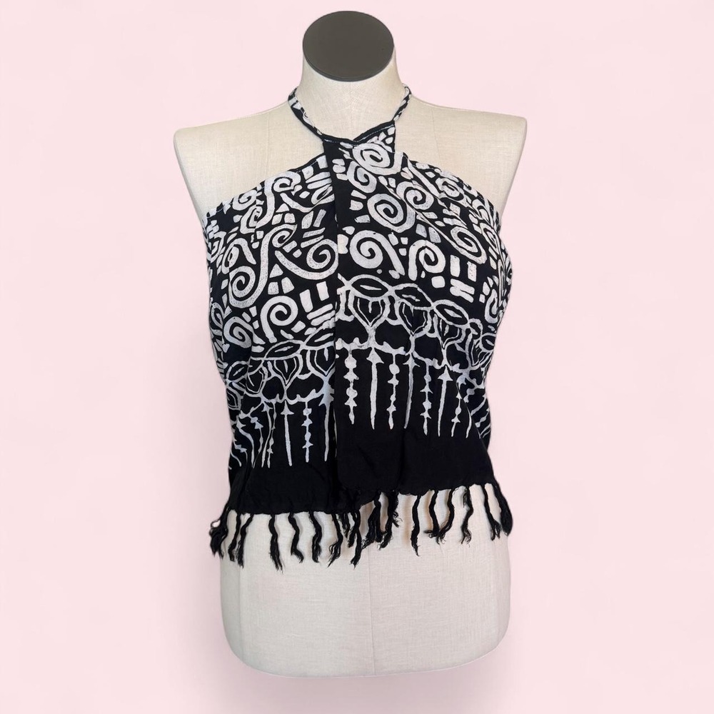 Boho tribal print black and white wrap fringe top